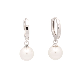 Pendientes de Plata de Ley rodiada con forma de aro de 13mmØ y de sección cuadrada de 1.8x1,8mm del que cuelga una perla sintéti