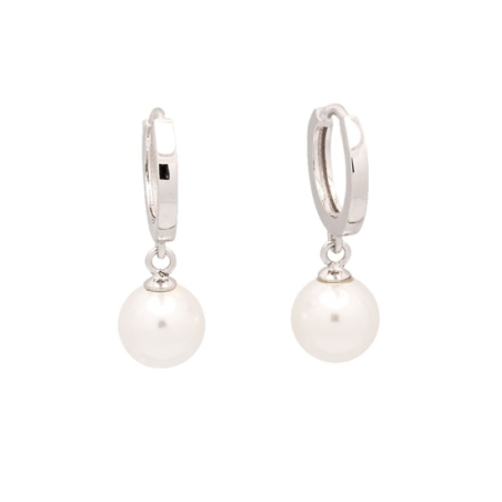 Pendientes de Plata de Ley rodiada con forma de aro de 13mmØ y de sección cuadrada de 1.8x1,8mm del que cuelga una perla sintéti