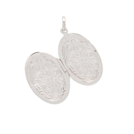 Clásico Colgante Guardapelo de Plata de Ley de forma ovalada de 20x30mm con repujado de formas vegetales que se abre en un later