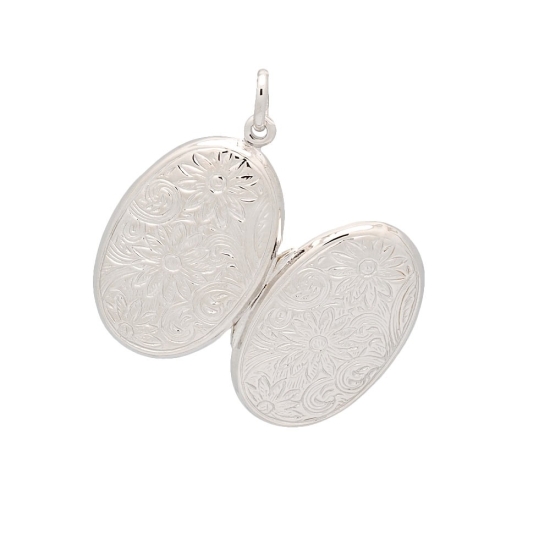 Clásico Colgante Guardapelo de Plata de Ley de forma ovalada de 20x30mm con repujado de formas vegetales que se abre en un later