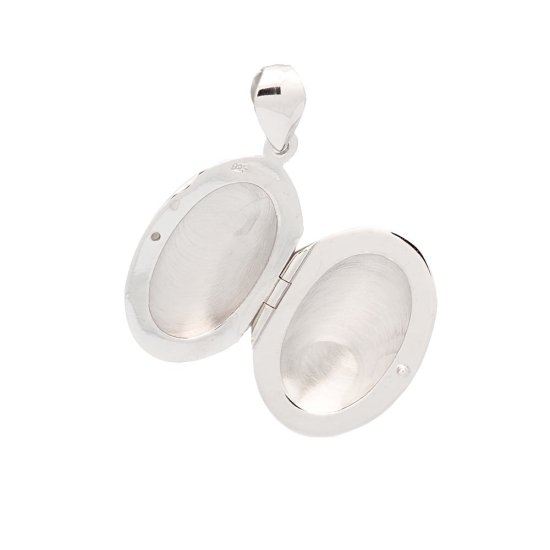Clásico Colgante Guardapelo de Plata de Ley de forma ovalada de 18x25mm con una terminación lisa-pulida que se abre en un latera