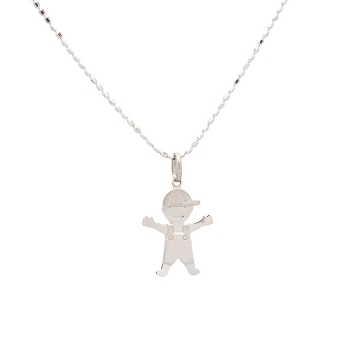 Colgante en Plata de Ley con cadena toilet, todo ello rodiado, con un bonito diseño de un niño, muy original por su terminación