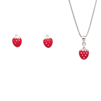 Conjunto de Plata de Ley rodiada con motivo de pequeñas fresas en los pendientes de 7x6mm y de11x7 en el colgante, terminadas co