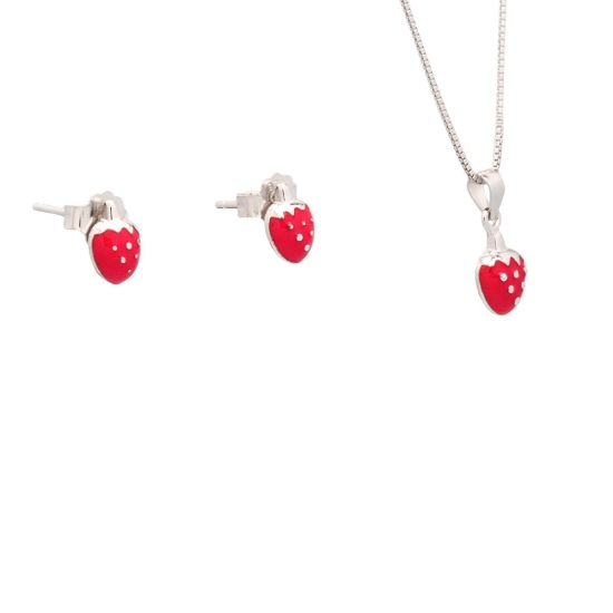 Conjunto de Plata de Ley rodiada con motivo de pequeñas fresas en los pendientes de 7x6mm y de11x7 en el colgante, terminadas co