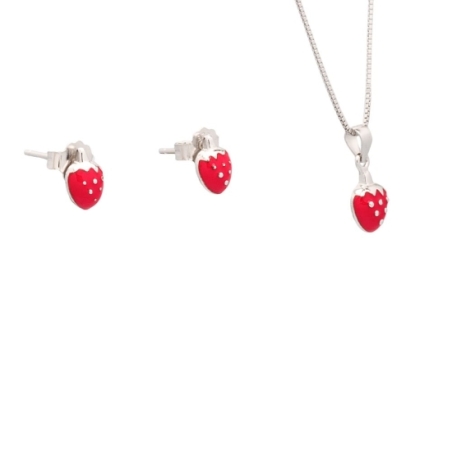 Conjunto de Plata de Ley rodiada con motivo de pequeñas fresas en los pendientes de 7x6mm y de11x7 en el colgante, terminadas co