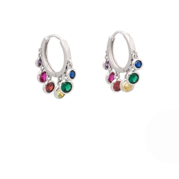 Espectaculares pendientes tipo aro de Plata de Ley rodiada de 16mmØ y 2,2mm de grosor con 6 lentejitas de circonitas multicolore