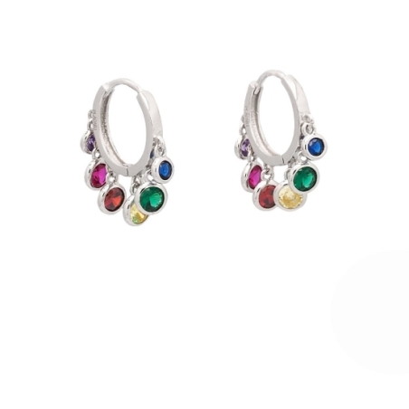 Espectaculares pendientes tipo aro de Plata de Ley rodiada de 16mmØ y 2,2mm de grosor con 6 lentejitas de circonitas multicolore