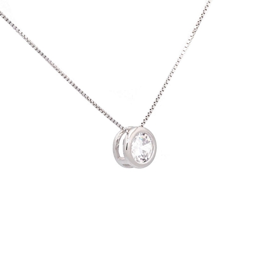 Collar Gargantilla de Plata de Ley rodiada compuesto por un sutil colgante de una circonita de 8mmØ engastada en chatón y una ca