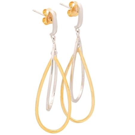 Sofisticados pendientes de Plata de Ley que mezclan el chapado de oro y de rodio en dos gotas que caen entrelazadas en un largo 