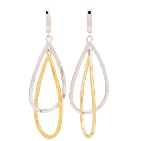 Sofisticados pendientes de Plata de Ley que mezclan el chapado de oro y de rodio en dos gotas que caen entrelazadas en un largo 