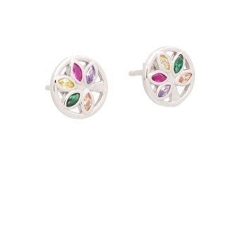 Pendientes de Plata de Ley rodiada de 9,5mmØ, donde 5 circonitas de varios colores con talla marquise y engastadas en bisel form 2