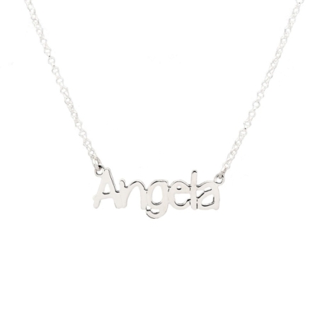 Collar de Plata de Ley compuesto por colgante personalizado con el nombre que tu elijas, centrado en una cadena rolo de un largo