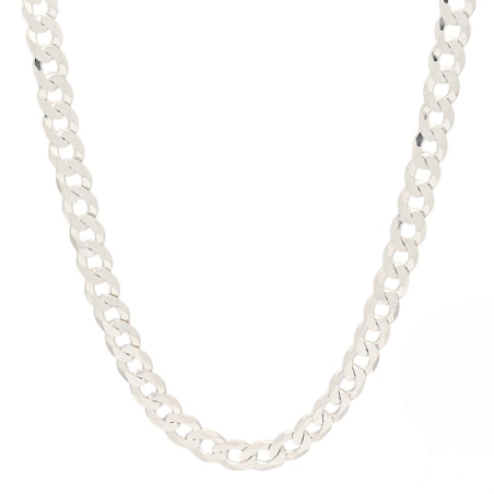 Cadena de Plata de Ley de Barbada Pisada de 6,5mm de ancha y 60cm de largo total rematada con cierre de mosquetón.