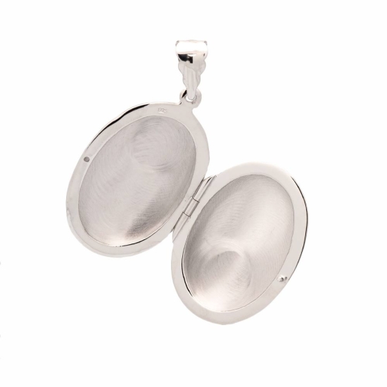 Clásico Colgante Guardapelo de Plata de Ley forma ovalada de24,5x33mm con grabado de formas vegetales que se abre en un lateral 