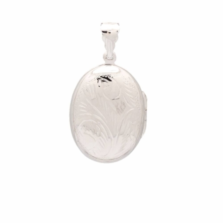 Clásico Colgante Guardapelo de Plata de Ley forma ovalada de24,5x33mm con grabado de formas vegetales que se abre en un lateral 