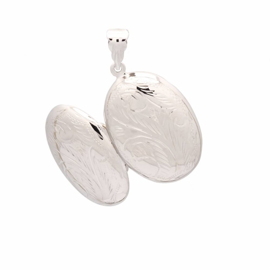 Clásico Colgante Guardapelo de Plata de Ley forma ovalada de24,5x33mm con grabado de formas vegetales que se abre en un lateral 