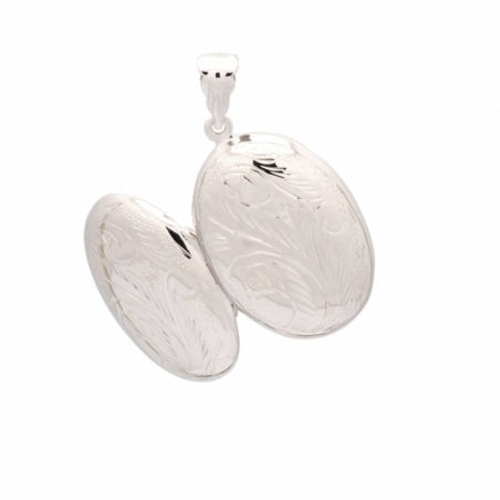 Clásico Colgante Guardapelo de Plata de Ley forma ovalada de24,5x33mm con grabado de formas vegetales que se abre en un lateral 