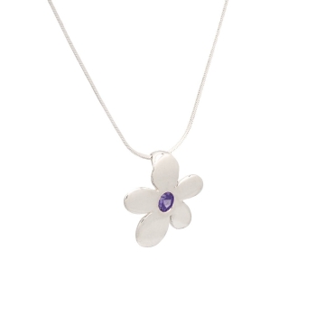 Colgante de plata en forma de flor de aproximadamente 20x20mm con circonita en color amatista y cadena de cola de ratón en 40cm  2