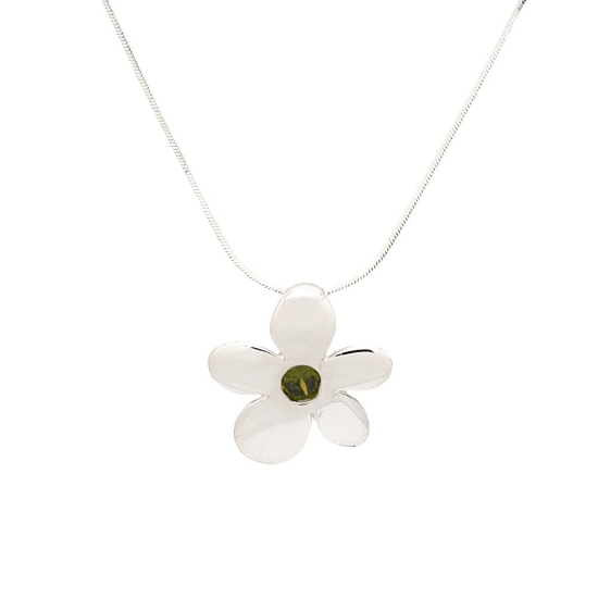 Colgante de plata en forma de flor de aproximadamente 20x20mm con circonita en color olivina y cadena de cola de ratón en 40cm m