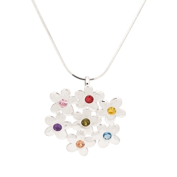 Colgante de plata compuesto por 7 pequeñas flores con circonitas de colores variados formando un ramillete de aproximadamente 33