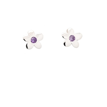 Pendientes de plata en forma de flor de aproximadamente 12x12mm con circonitas en color amatista y tuercas de presión. Combina e
